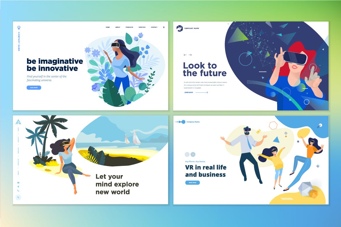 VR虚拟现实主题网站设计概念插画v3 Web design templates of virtual reality插图(1)