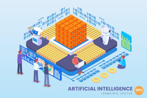 未来人工智能技术等距矢量科技素材库精选概念插画v2 Isometric Artificial Intelligence Vector Concept