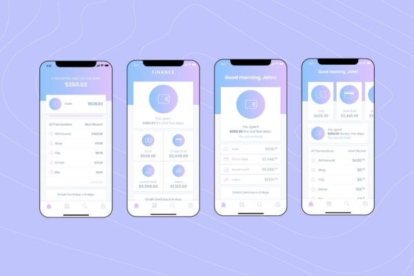 电子钱包APP应用用户中心UI界面模板[浅紫色配色方案]v3 Mobile Finance Home Ui – FD