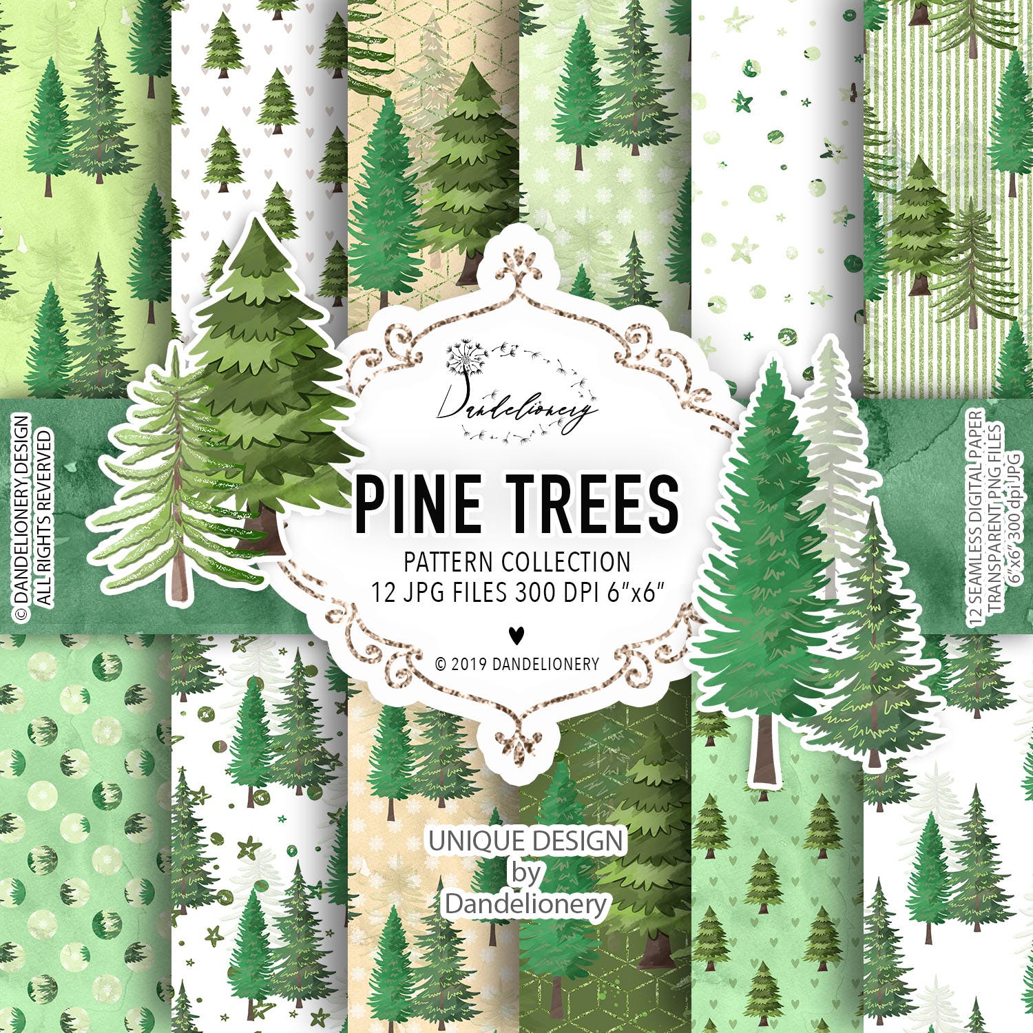 松树水彩手绘图案数码纸张设计素材 Pine trees digital paper pack插图(1)
