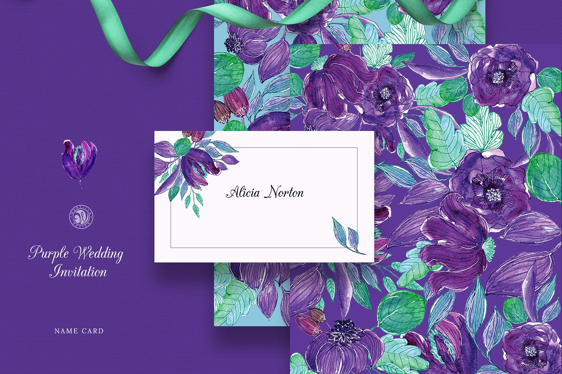 紫色花卉婚礼邀请函设计模板 Purple Wedding Invitation Set插图(5)