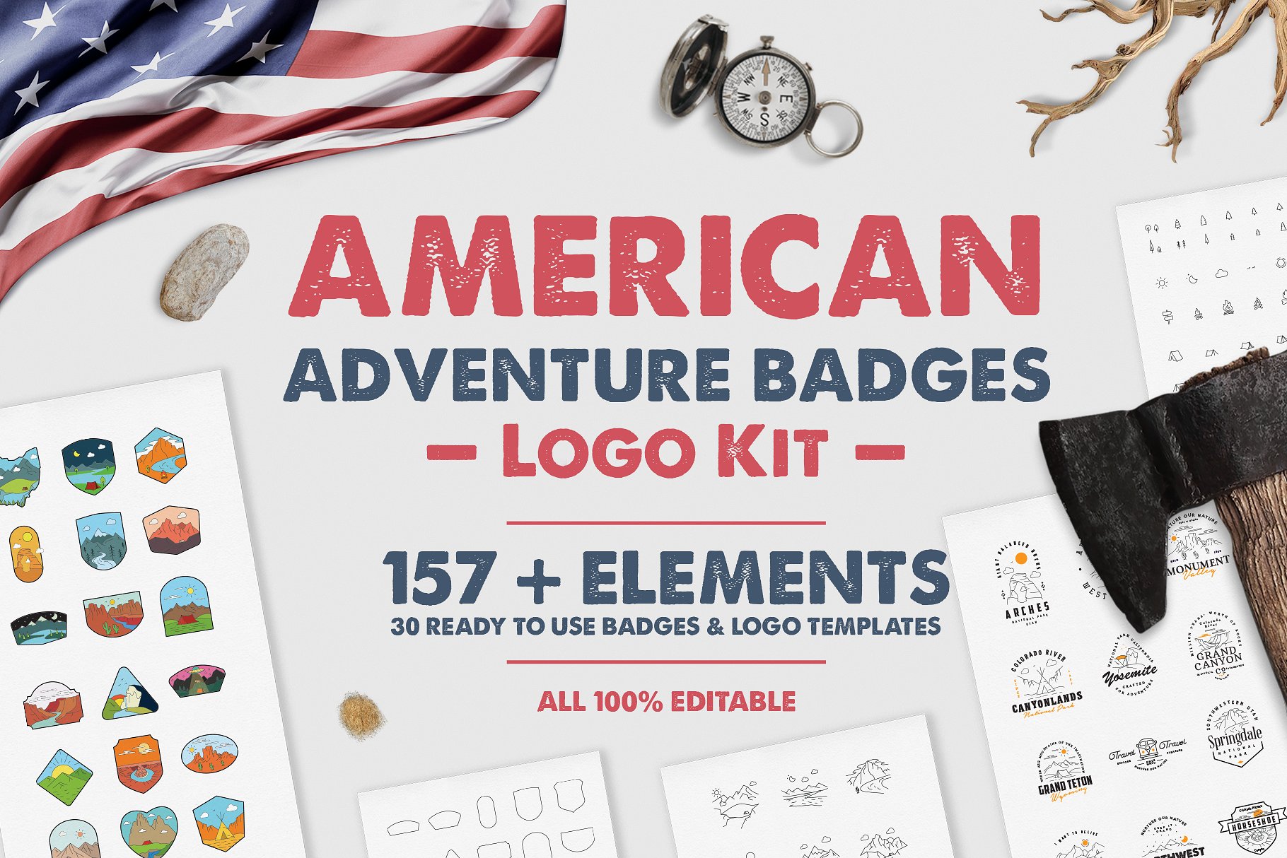 美国探险徽章Logo标志设计套装 American Adventure Badges Logo Kit插图