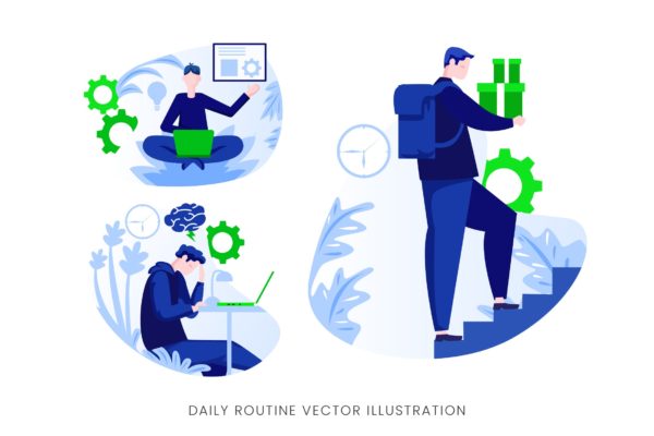 每日例行任务执行人物形象素材库精选手绘插画矢量素材 Daily Routine Vector Character Set
