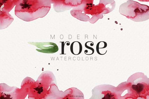 现代玫瑰水彩花卉＆叶子插图素材 Modern Rose watercolor flowers leaves