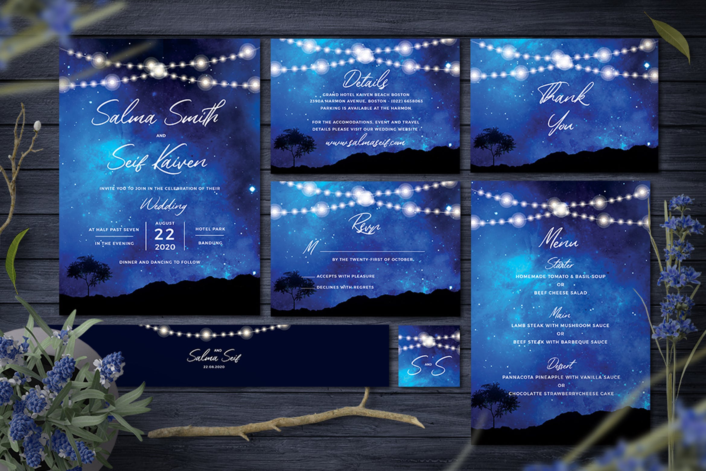 水彩星空背景设计风格婚礼邀请函设计模板 Night Wedding Invitation插图