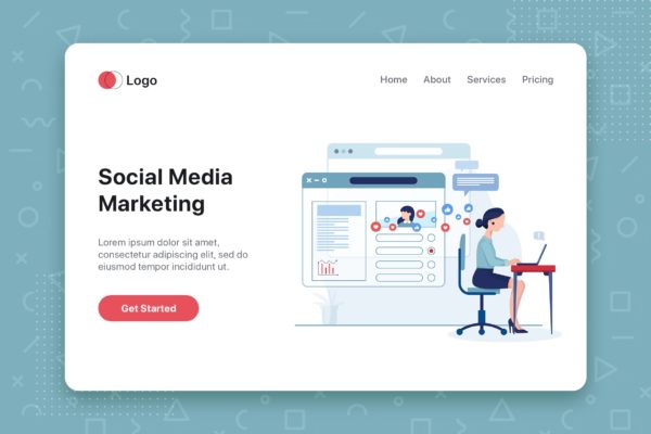 社交营销主题网站首页设计概念插画 Social media marketing concept with characters.