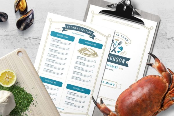 海鲜餐厅菜单模板&amp;店招模板 Seafood Menu Template and Logo
