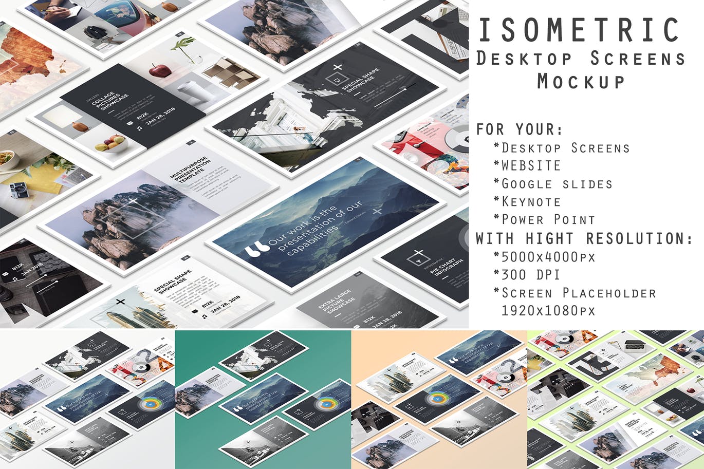 等距桌面屏幕截图预览样机v1 Isometric Desktop Screens Mockup V01插图