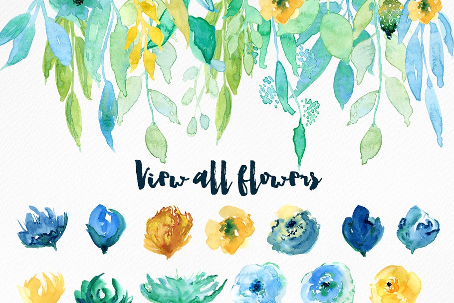 手绘海蓝色水彩花卉图形元素 Sea Blue Flowers插图(2)