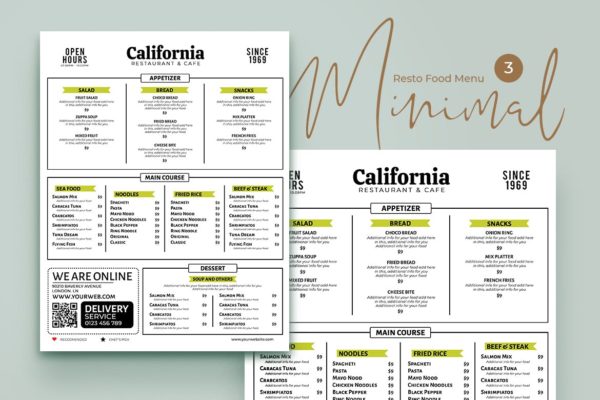 极简设计风格轻食店菜单模板v3 Minimal Resto Food Menu Vol. 3