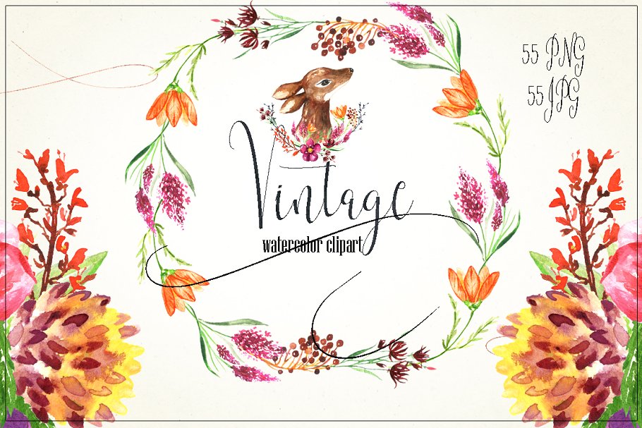 复古花卉和浆果水彩画插画 Vintage flowers & berry Watercolor插图(3)