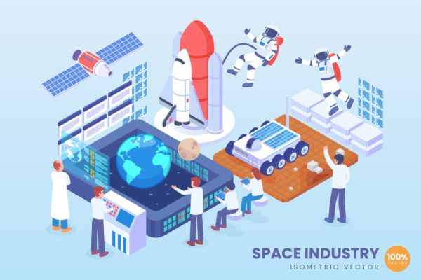太空工业主题等距矢量科技素材库精选概念插画v1 Isometric Space Industry Vector Concept