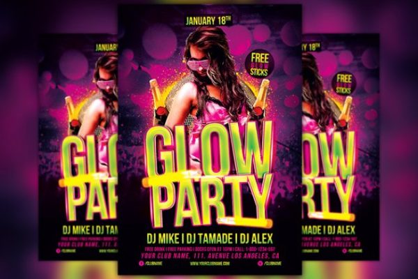 迷幻荧光主题趴传单模板 Glow Party Flyer Template