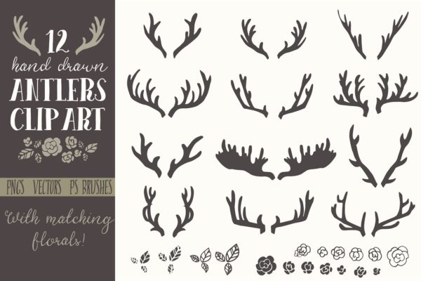 手绘鹿角圣诞元素矢量剪贴画 Hand Drawn Antlers Clip Art – Vector
