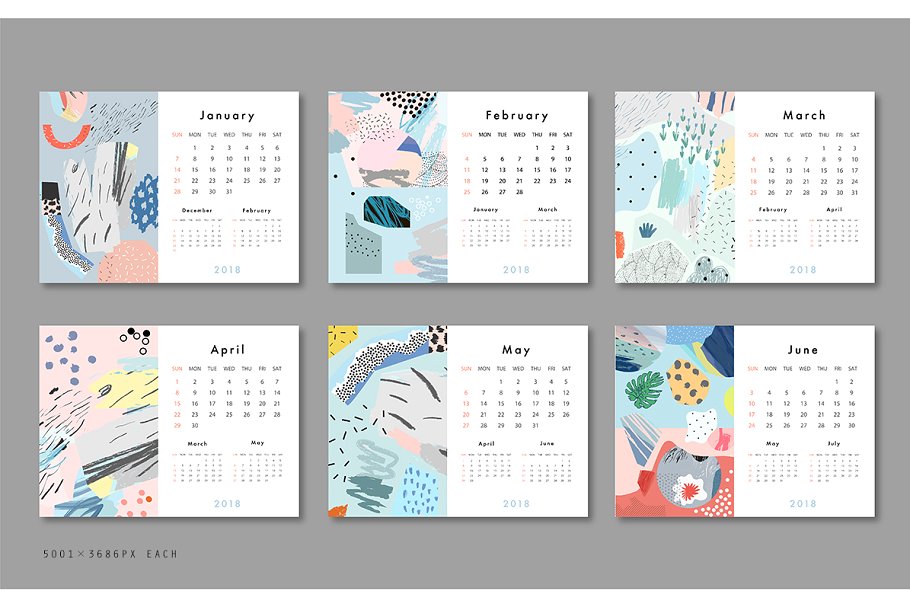 彩色涂鸦印象派日历年历模板 2018 CALENDARS set插图(7)