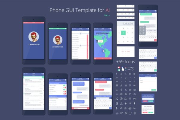 手机APP应用设计线框图套件v1 Phone GUI Template. Wireframe UI Kit.