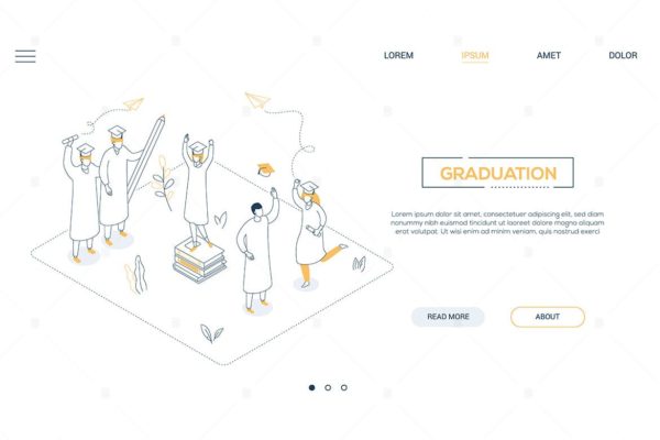 毕业素材库精选概念插画线性等距网页横幅设计模板 Graduation concept – linear isometric web banner
