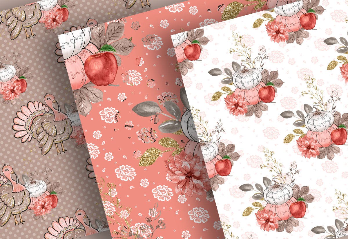 感恩节主题火鸡手绘图案数码纸张素材 Turkey Thanksgiving digital paper pack插图(2)