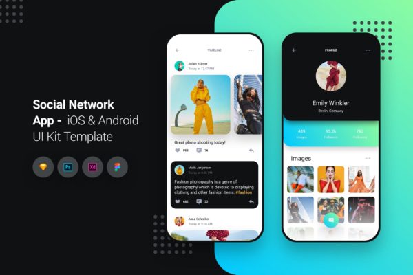 iOS&amp;Android手机社交APP应用UI设计套件模板 Social Network App iOS &amp; Android UI Kit Template