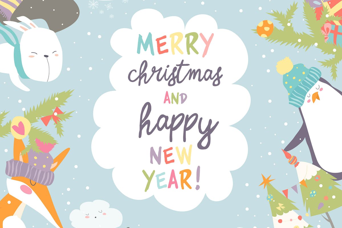 可爱的圣诞装饰与有趣的卡通动物矢量插画 Cute christmas frame with funny cartoon animals.插图