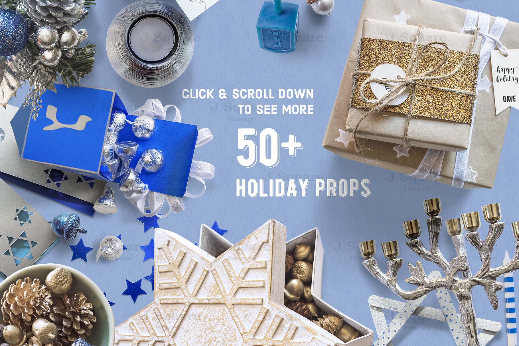 蓝色格调假日和光明节场景设计装饰元素 Holiday & Hanukkah Props in Blue插图(1)