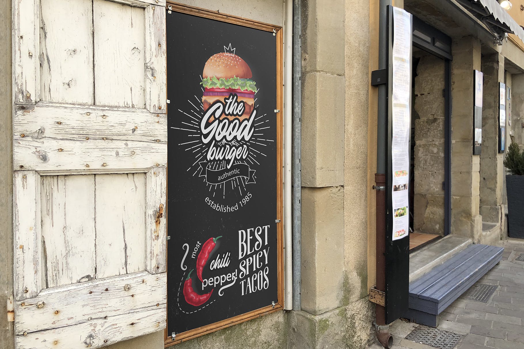 街头店铺广告牌设计效果图样机模板 Street Signboard Mockup插图(2)