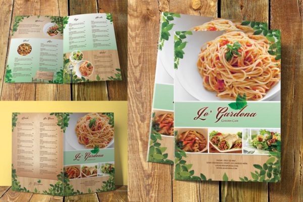 花园咖啡店轻食咖啡菜单设计模板 Garden Cafe Menu Bifold