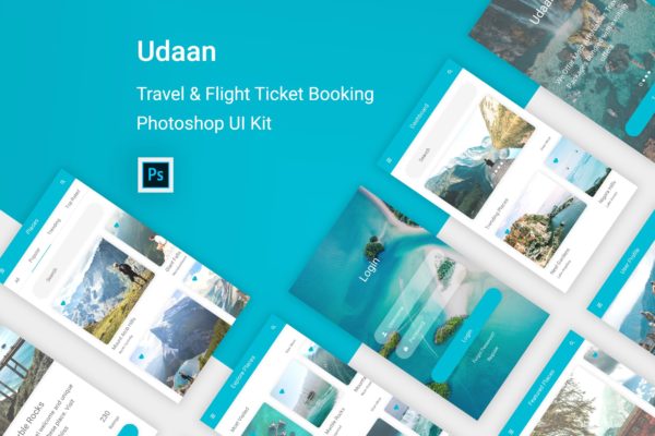 旅行和航班机票预订APP应用程序UI界面设计PSD模板 Udaan – Travel &amp; Flight Booking App for Photoshop