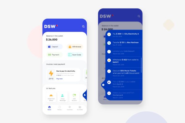 电子钱包APP应用主页&amp;交易记录界面UI设计模板 DasunWallet Mobile UI – N
