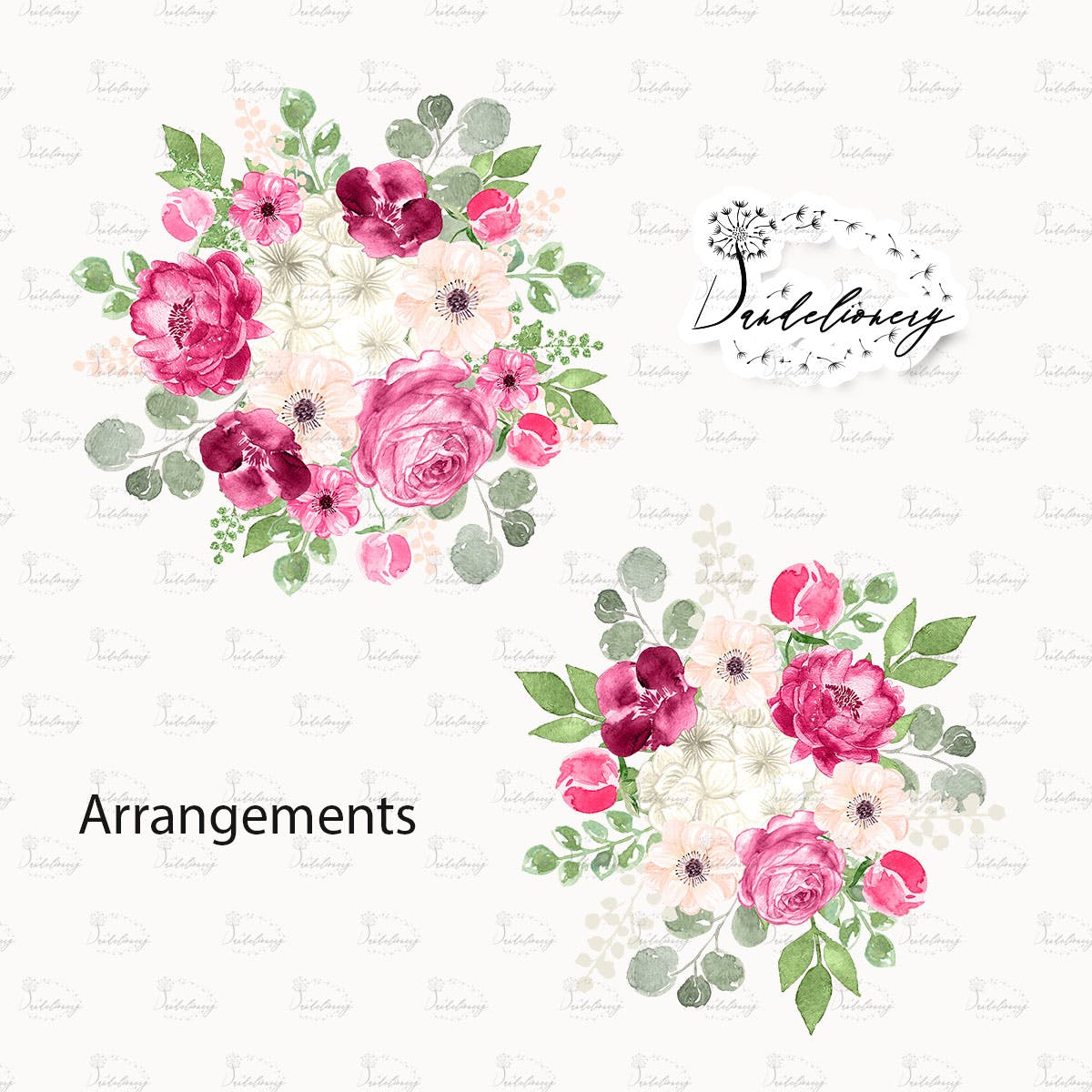 紫红色与绿色水彩手绘图案设计素材 Watercolor Fuchsia And Green design插图(1)