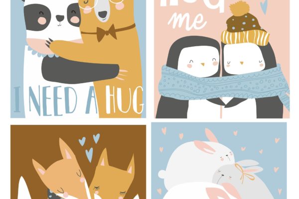 彩色卡通动物拥抱矢量插画素材库精选素材 Vector set of colored cartoon animals hugging