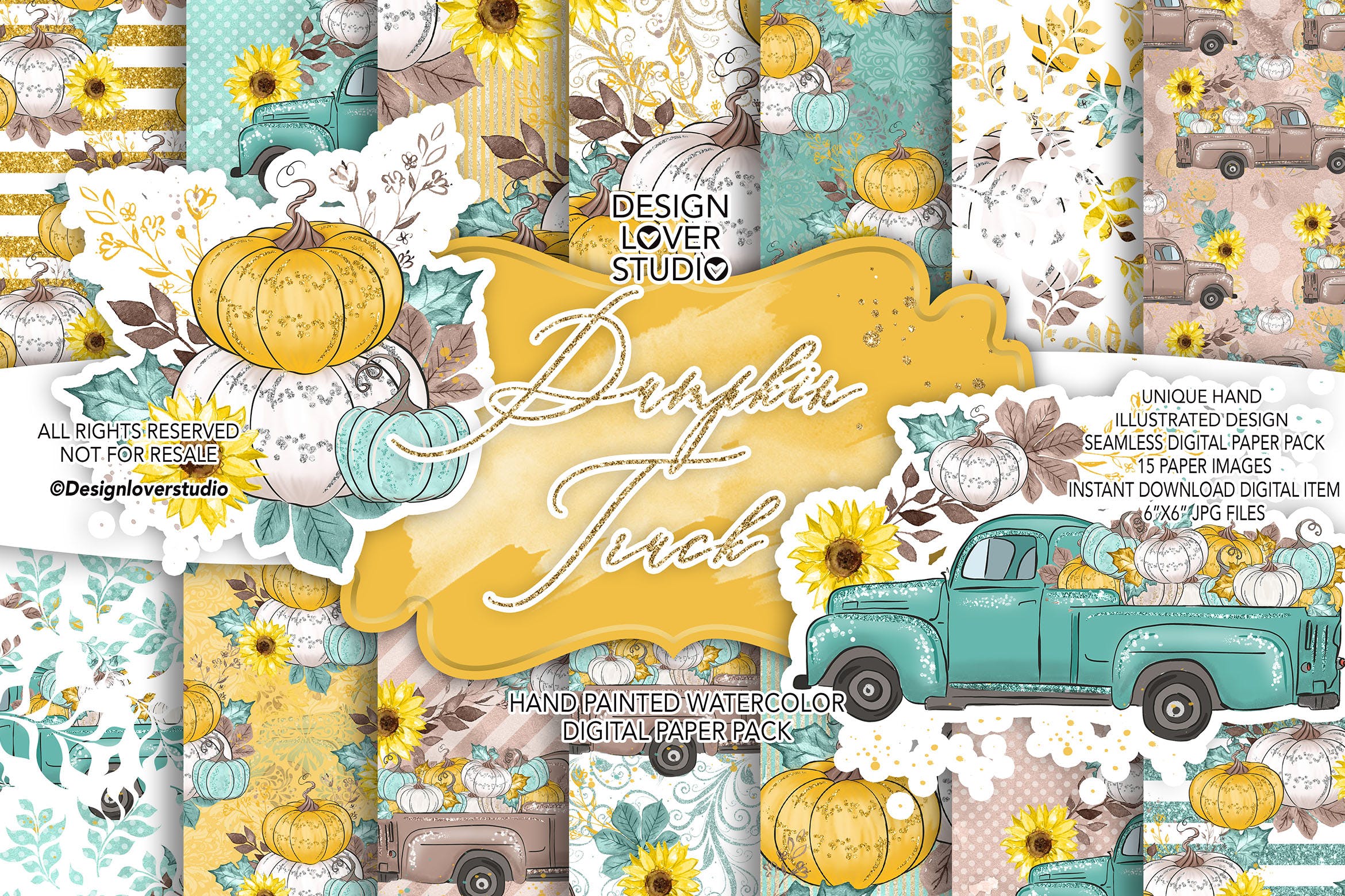 感恩节节日主题手绘南瓜卡车数码纸张图案素材 Thanksgiving car digital paper pack插图