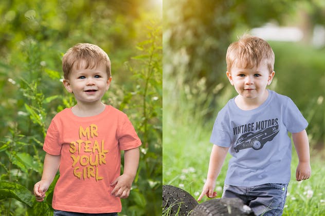 童装男童圆领T恤服装样机模板 Toddler Boy Crew Neck T-shirt Mock-up插图(3)