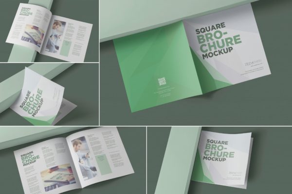 方形对折页宣传手册设计效果图样机素材库精选 Square Bifold Brochure Mockups
