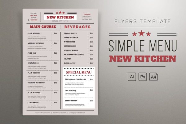 超简约餐厅菜单文字排版设计模板 Flat Menu Resto