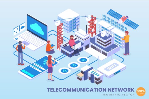 电信网络技术等距矢量科技素材库精选概念插画v1 Isometric Telecommunication Network Vector Concept