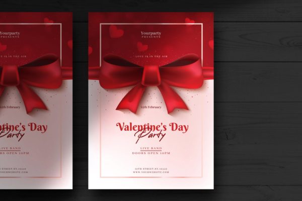 蝴蝶结情人节派对活动海报传单素材库精选PSD模板 Valentine’s Day Flyer Template