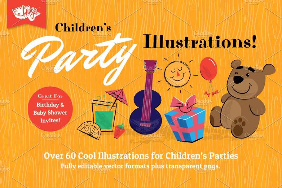 复古彩色风格儿童聚会派对插图 Children’s Party Illustrations插图