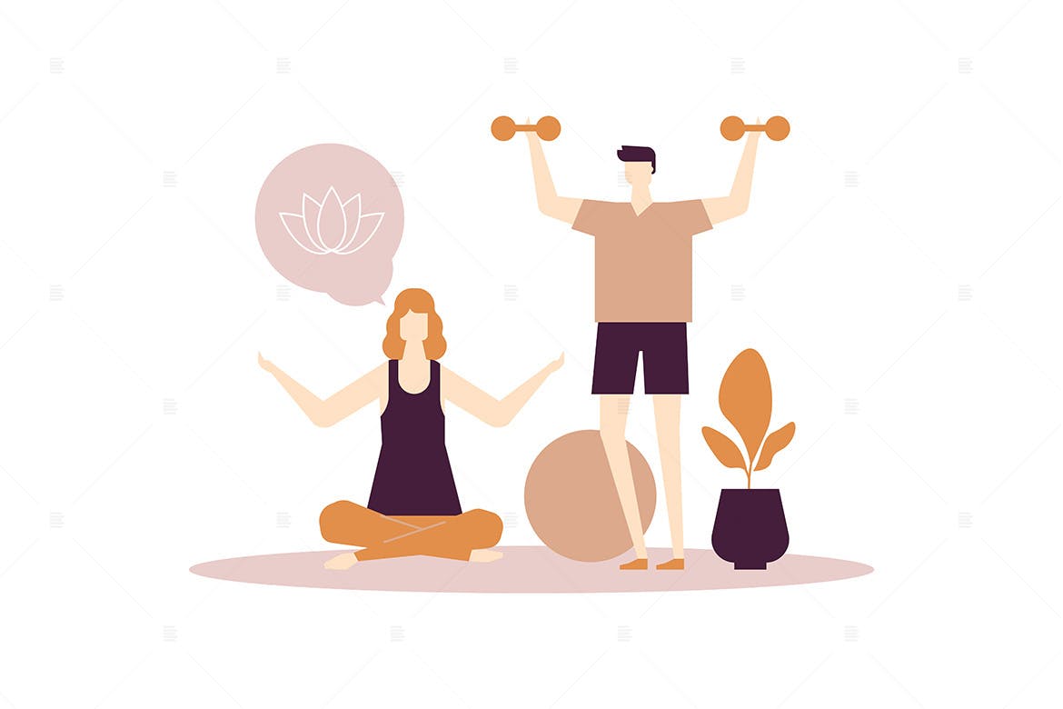 扁平设计风格家庭健身场景矢量插画 Home fitness – flat design style illustration插图(1)