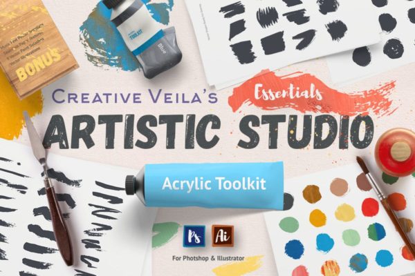 超级油画水彩颜料设计素材工具包 Artistic Studio: Acrylic Toolkit