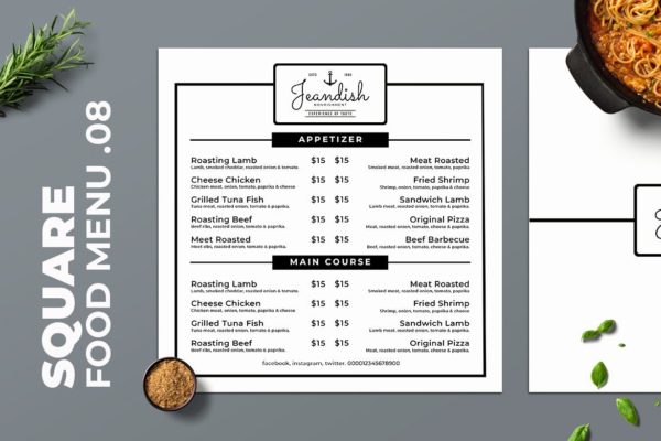 黑白配色西餐素材库精选菜单模板v08 Square Food Menu. 08