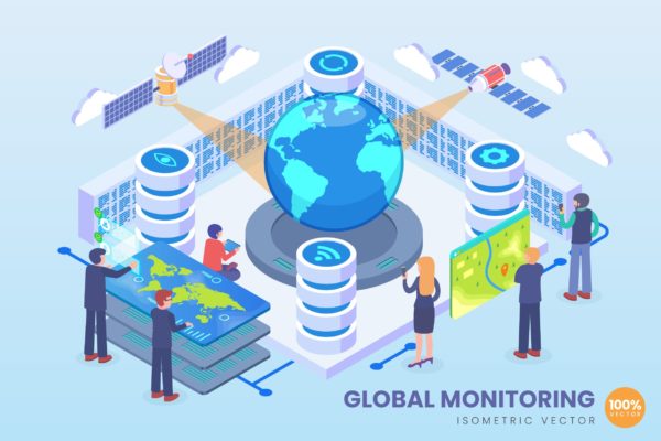 全球监测技术等距矢量素材库精选科技概念插画 Isometric Global Monitoring Technology Vector