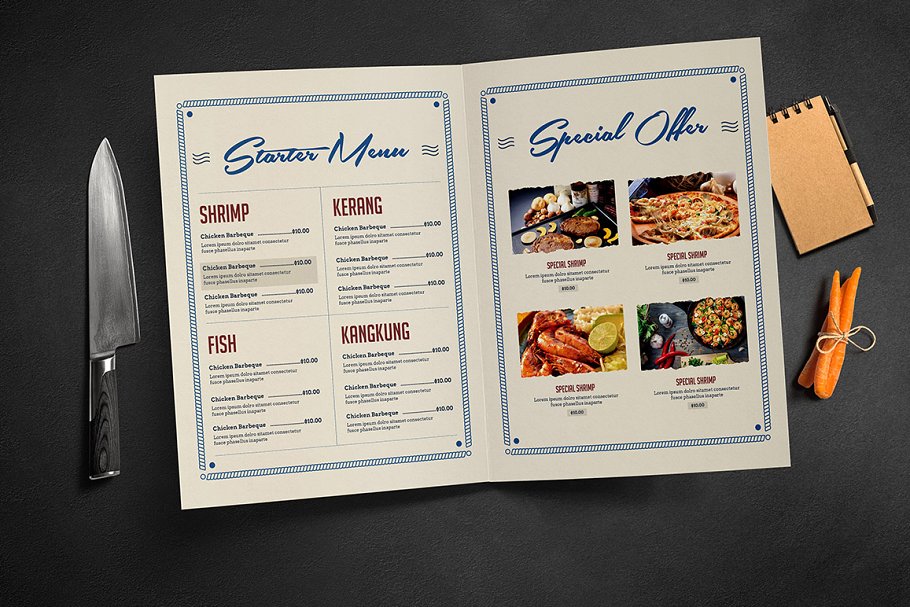 朴素海鲜餐馆折叠菜单模板 Rustic Sailor Bifold Menu插图(1)