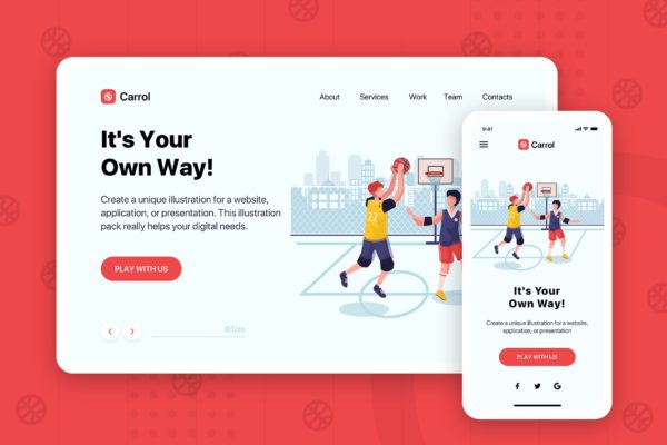 篮球运动主题网站Banner&amp;着陆页设计插画素材 Carrol – Banner &amp; Landing Page