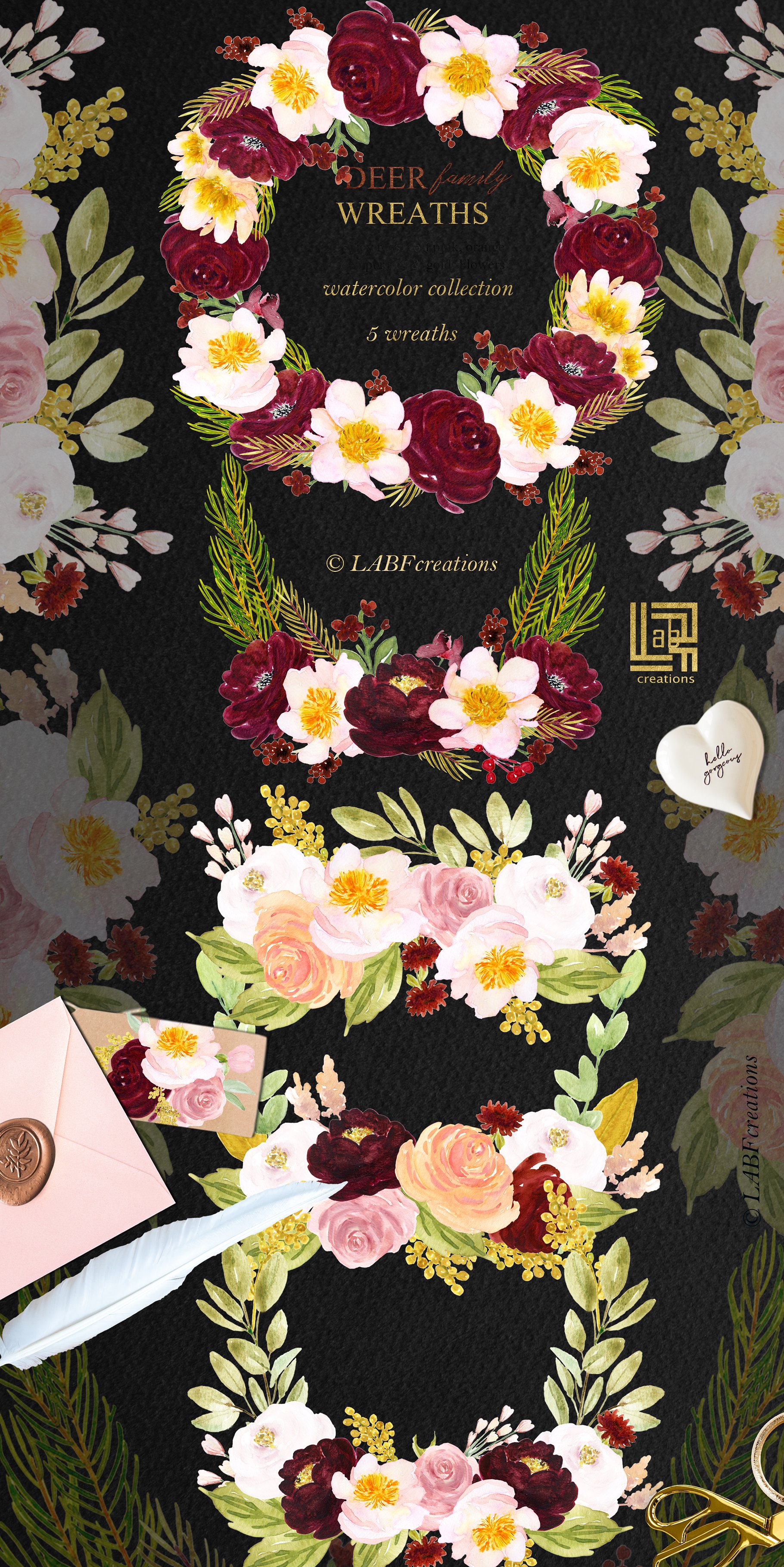 鹿家族/香辣红/橙金水彩手绘剪贴画 Deer family. Spicy red, orange gold插图(6)