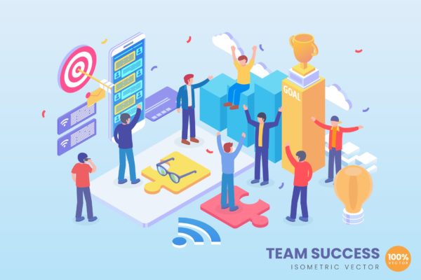 团队成功主题等距矢量素材库精选概念插画 Isometric Team Success Vector Concept