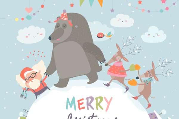 圣诞老人/驯鹿/熊圣诞节主题矢量手绘素材 Santa ,reindeers and bear celebrating Christmas