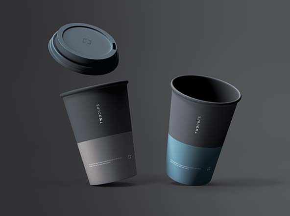 一次性咖啡纸杯设计展示素材库精选模板 Two Disposable Coffee Cups Mockup