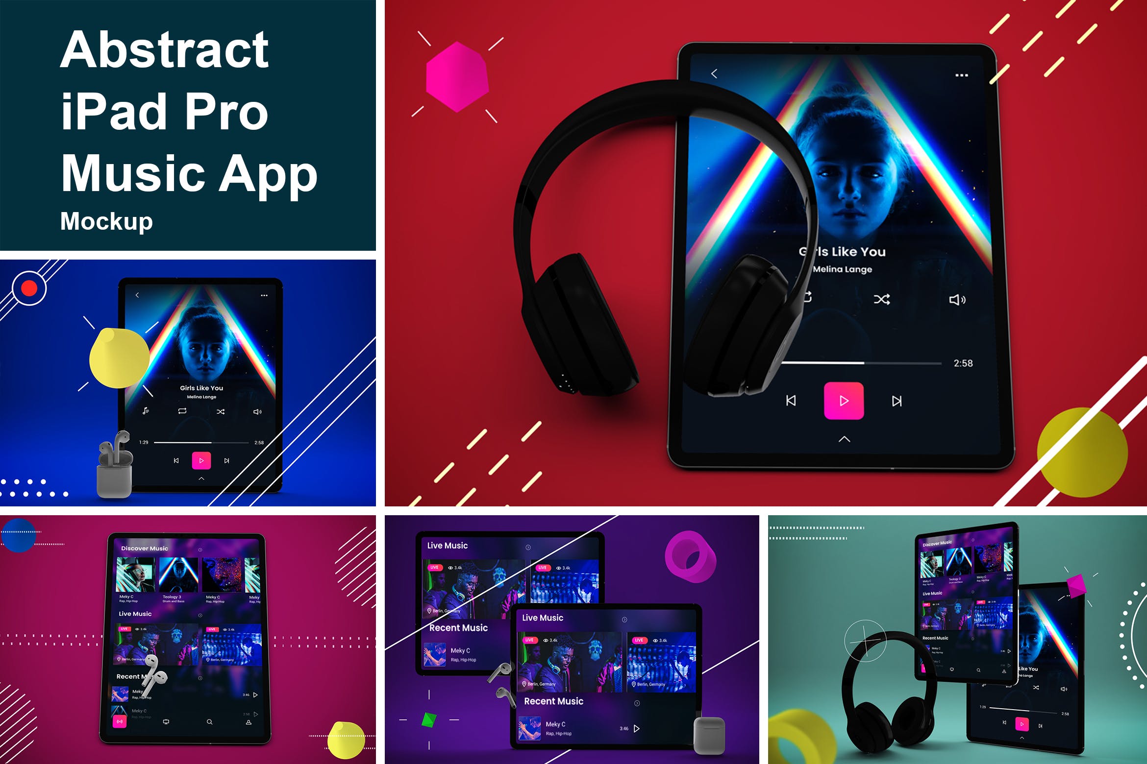 抽象设计风格iPad Pro平板电脑APP设计屏幕预览样机 Abstract iPad Pro Music App插图