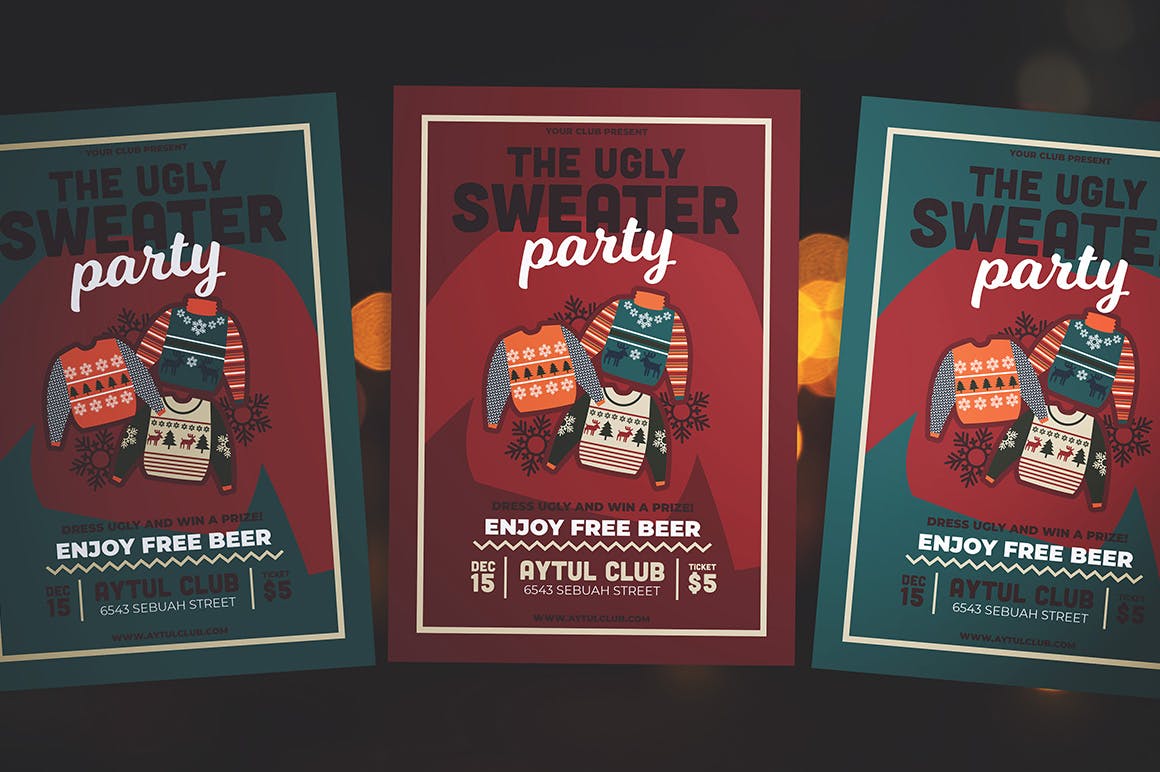 冬天冬季毛衣派对party新年圣诞节宣传单DM海报设计模板插图(1)